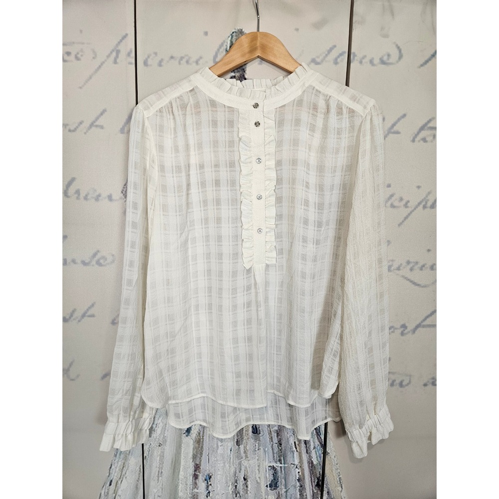 Tommy Hilfiger Womens XL White Textured Plaid Ruffle Blouse Long Sleeve Top